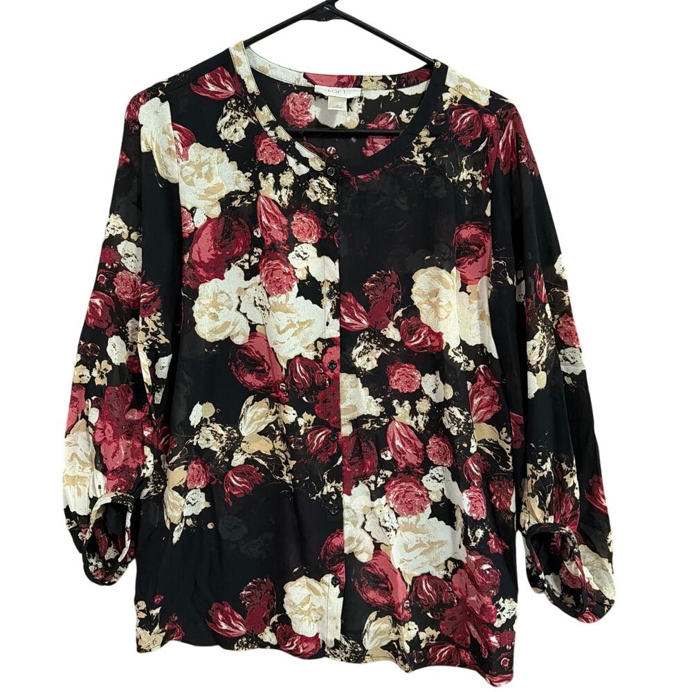 LOFT Womens Blouse Black Multi Floral Sheer Button Down Long Sleeve Small